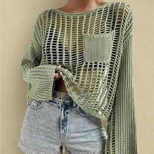 Hollowed Out Round Neck Sweater with Pocket and Drop Shoulder in Green Size XL